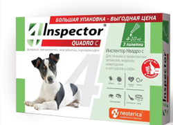 Капли от блох, клещей, глистов и гельминтов Neoterica Inspector(Инспектор) Quadro С Капли для собак 4-10 кг, 3 пипетки