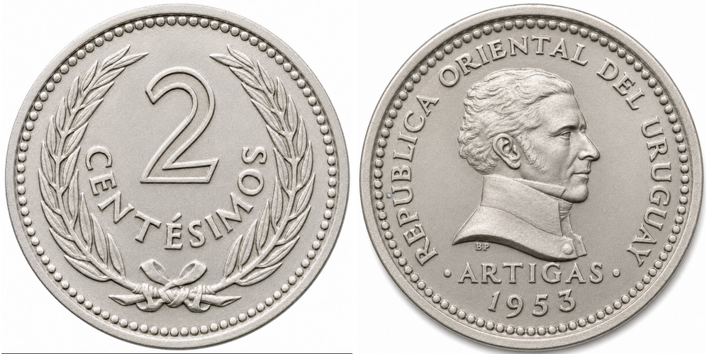 Уругвай 2 сентесимо, 1953 Хосе Хервасио Артигас XF