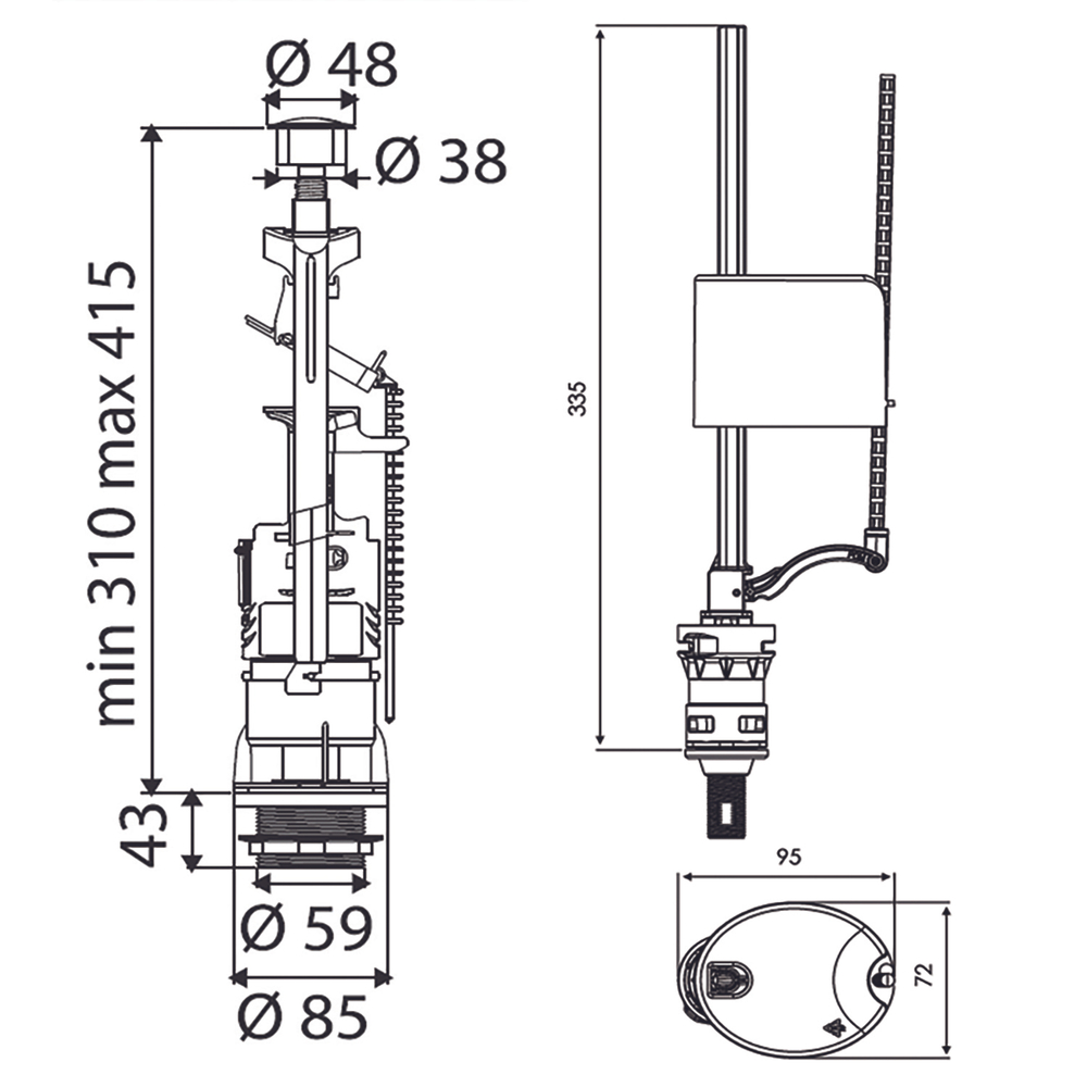 Арматура к смыв. бачку Кноп. DECO+UNI BOTTOM хром 1/2 ниж/подв. пласт. 037192 OLI (Португалия)