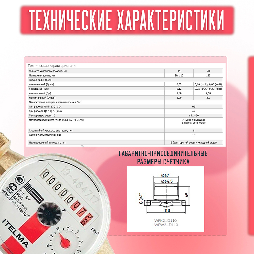 Счетчик горячей воды ITELMA (Ду15мм, L110мм, Qном1,5 м3/ч) ителма