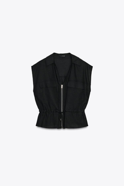 ZARA ТОП В СТИЛЕ САФАРИ С ПОЯСОМ ИЗ ЛЬНА, ЧЕРНЫЙ