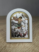 Георгий Победоносец, икона арочная, белое дерево, эмаль 57х75