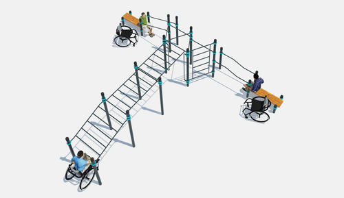 Рукоход в подъем, рукоход классический двухуровневый, вертикальные поручни для колясочников, 2 скамьи, брусья в подъем, брусья разноуровневые, шведская стенка