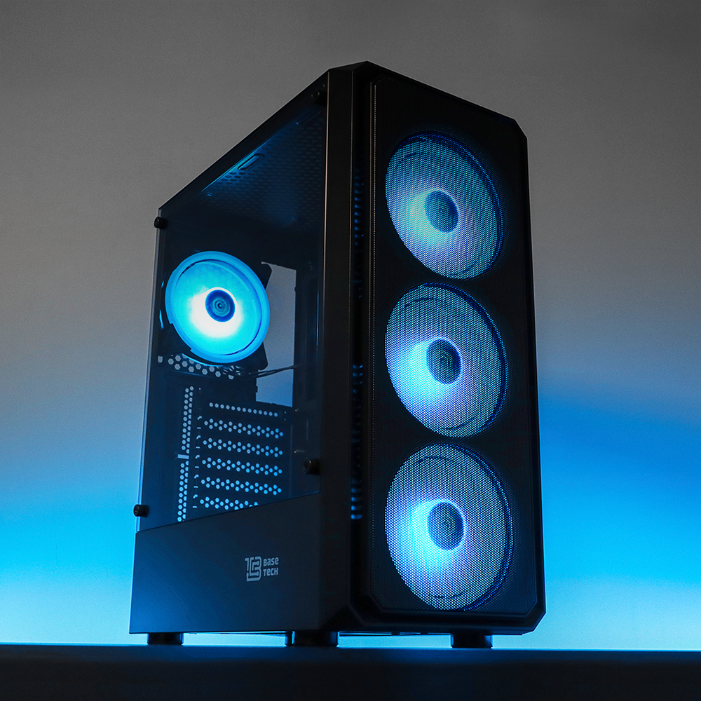 Корпус BaseTech eXtreme GFX-03, Без БП, ATX, чёрный, 4xARGB FAN, 2xUSB2, 1xUSB3, бок: закалённое стекло (BT-GFX-03-MESH-4F-ARGB)