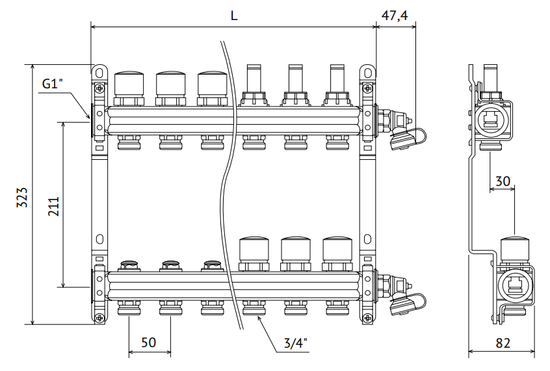 Коллектор Uni-Fitt 1"х3/4" 2 вых. нерж. сталь с расходомерами и термо вентилями 450I4302