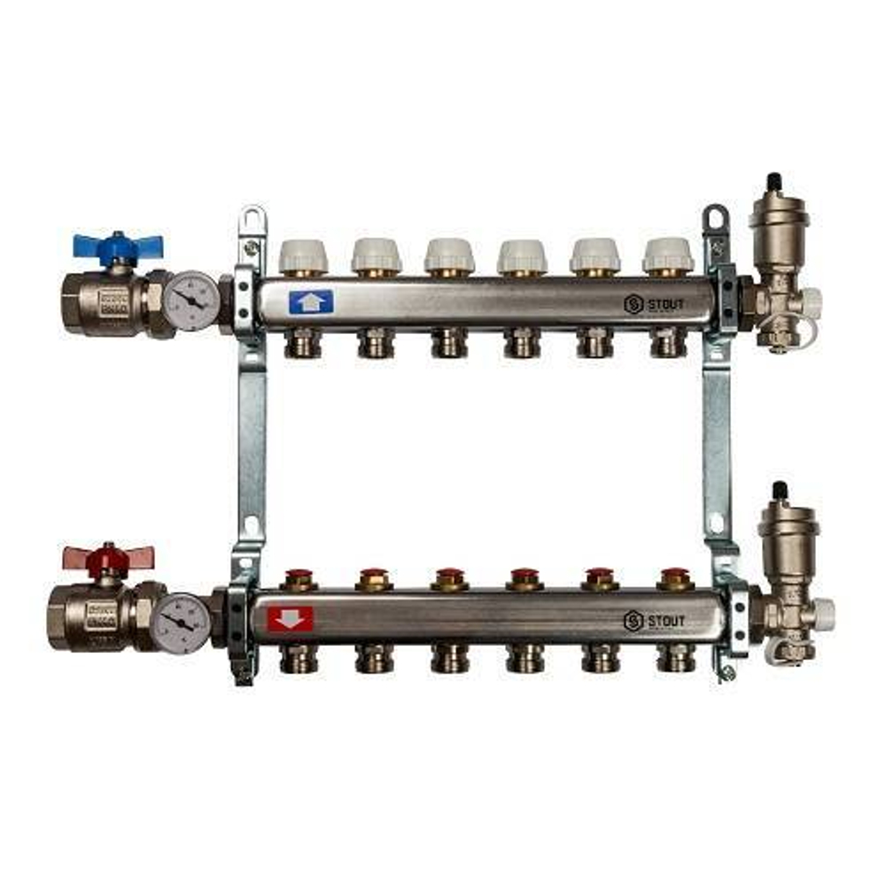 Коллекторная группа для радиаторного отопления STOUT SMS0912 - 1" на 6 контуров 3/4"EK (нерж.сталь)