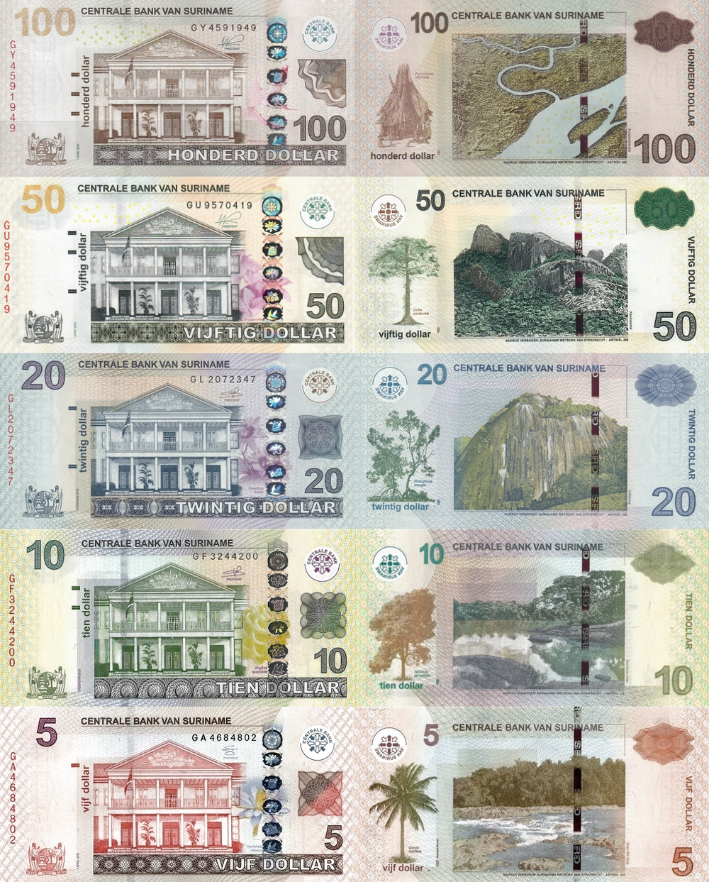 Суринам 5 - 100 долларов 2010-2024, набор 5 банкнот UNC
