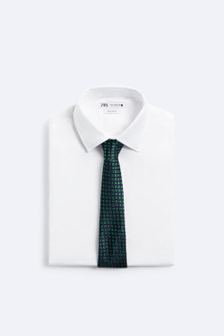 ZARA ГАЛСТУК ИЗ 100% ШЕЛКА С ПРИНТОМ, ЗЕЛЕНЫЙ