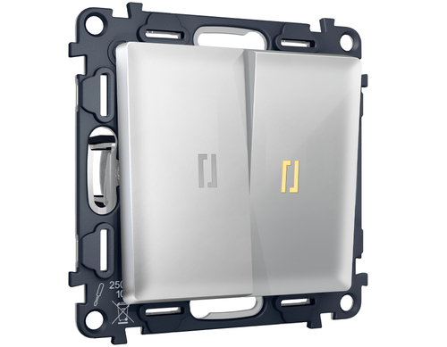 MA404050 Комплект механизма 2-кл выключателя с самовозвратом с подсветкой 3200K ALFA Серебро глянец QUANT (AP4040, VM129, G11Y)