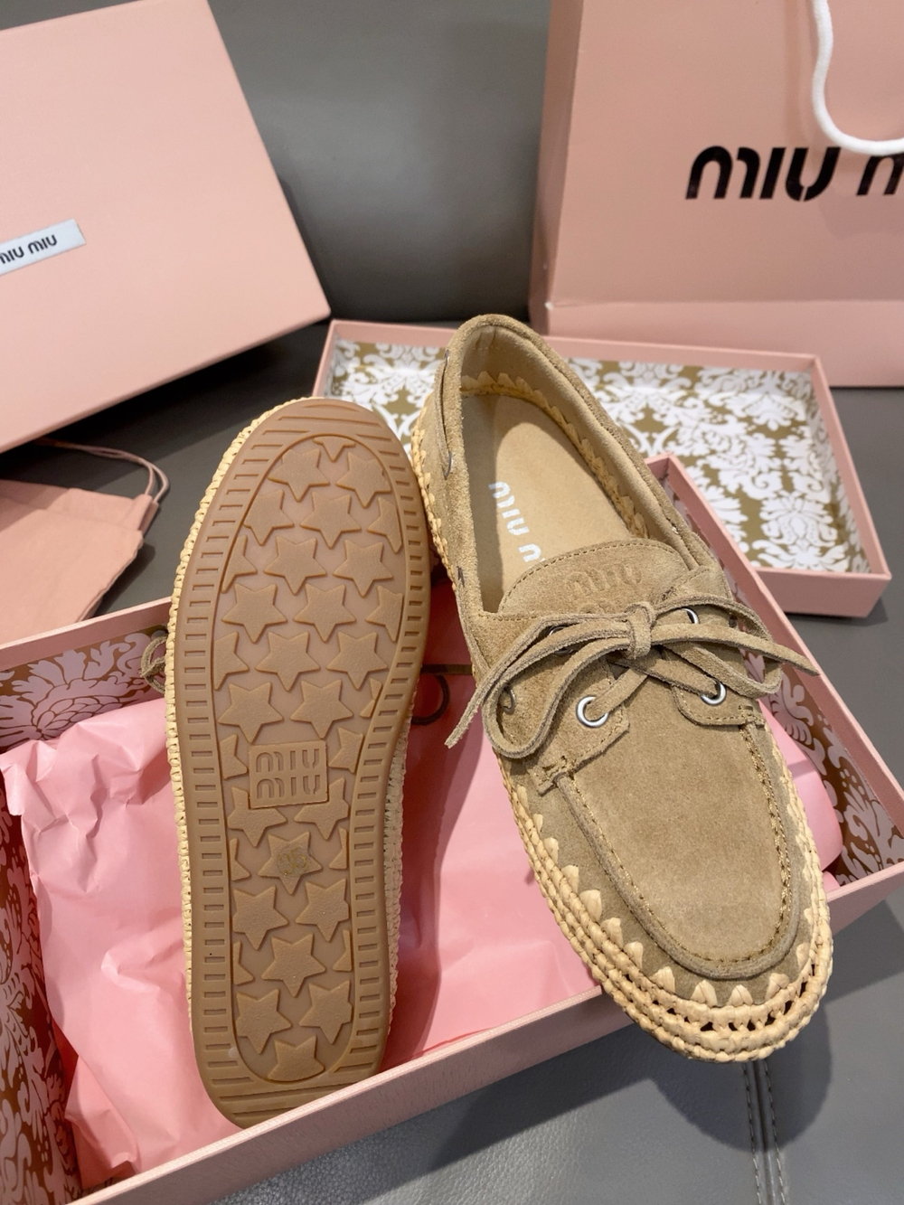 Miu Miu Suede and Raffia Boat Shoes (3 colors)