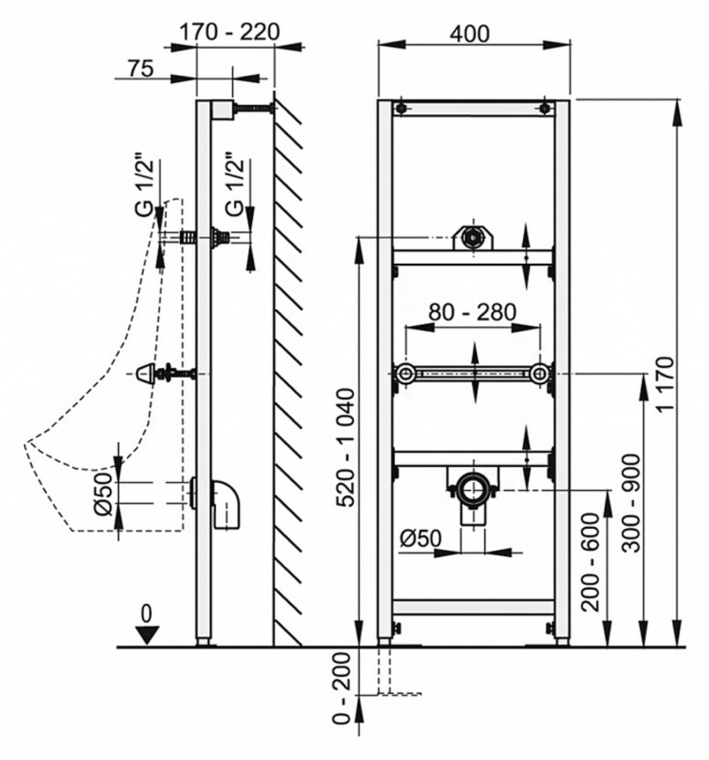 Рама для писсуара A107/1200  (высота монтажа 1,2 м)