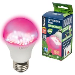 LED-A60-9W-SP-E27-CL ALM01WH Лампа светодиодная для растений. Форма A. прозрачная колба. Материал корпуса пластик. Упаковка картон.