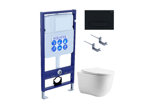 Унитаз подвесной с инсталляцией Aquatek Классик SET AQUATEK КЛАССИК cm-025 4в1 белый/кнопка черная матовая, безободковый, с крышкой микролифт