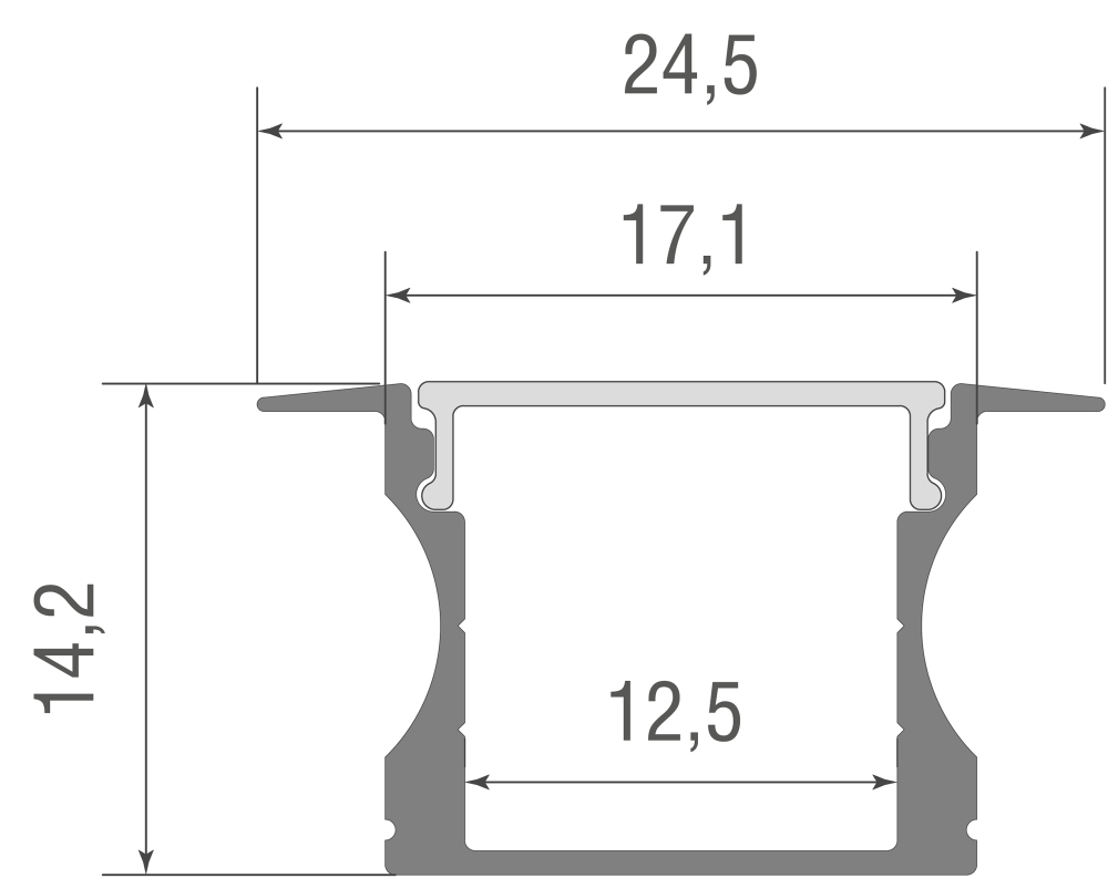 Встраиваемый алюминиевый профиль,  24х14, 2х2000мм. В комплекте матовый экран,  4 торцевые заглушки,  4 крепежа,  черный RAL9005