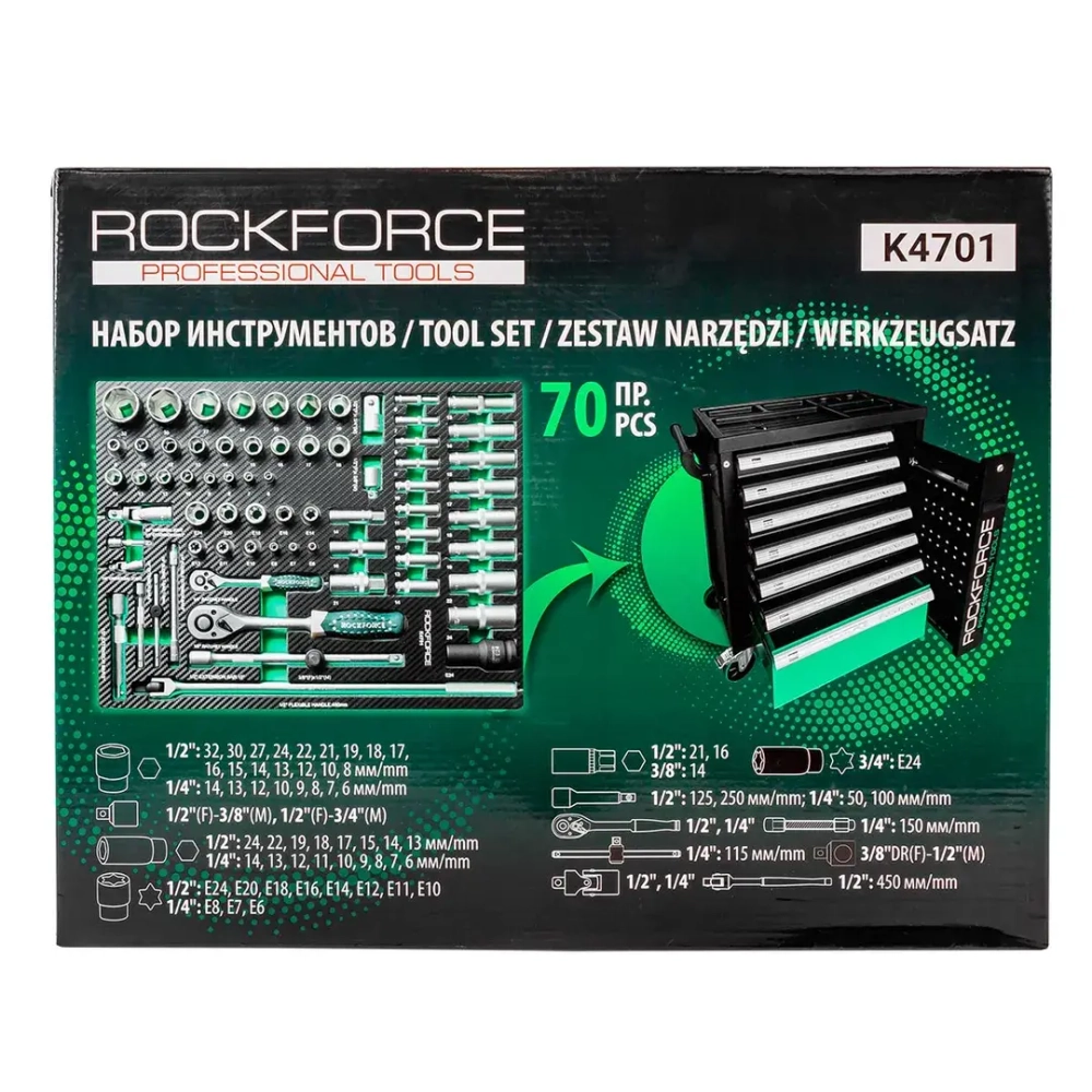 Набор инструментов 70пр.(6гр)(6-32мм),в ложементе RockForce##Rock FORCE RF-K4701