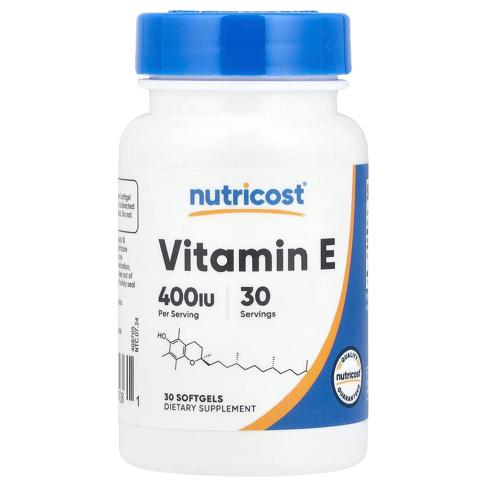 Nutricost, Витамин E, 180 мг (400 МЕ), 30 мягких таблеток