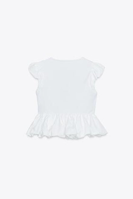 ZARA КОМБИНИРОВАННАЯ ФУТБОЛКА С БАНТОМ, БЕЛЫЙ