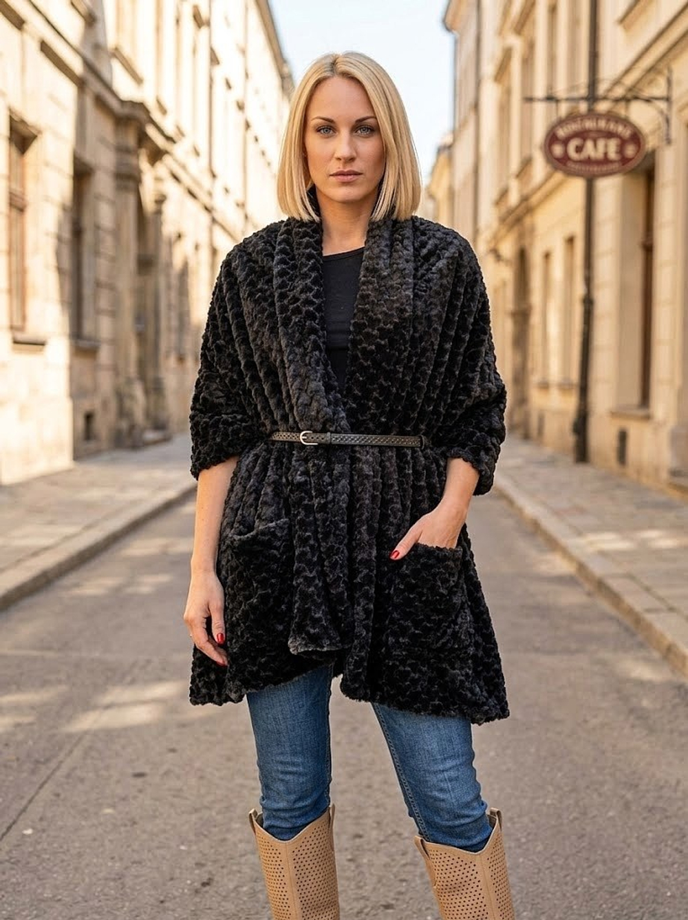 Накидка /жилет с карманами и поясом черный мех