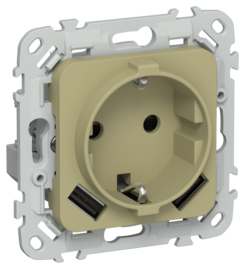 FLITE Розетка 1-местная с заземлением с защитными шторками 16А с USB A+A 3,1А безвинтовое крепление РСЮша11-1-ФлО оливковый IEK