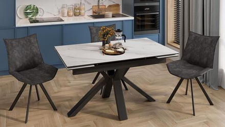 Стол кухонный обеденный раздвижной Черный муар/Керамика матовая белый мрамор 140(200)х85х76 см