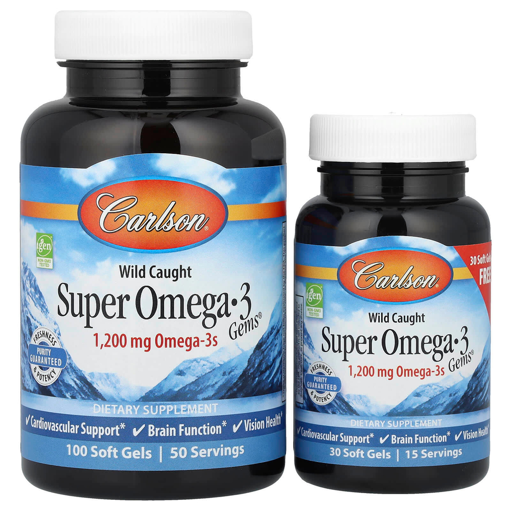 Carlson, Super Omega-3 Gems® дикого улова, 50–15 капсул