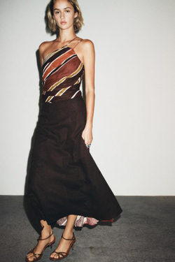 ZARA ЮБКА-МИДИ ИЗ ЛЬНА, КОРИЧНЕВЫЙ