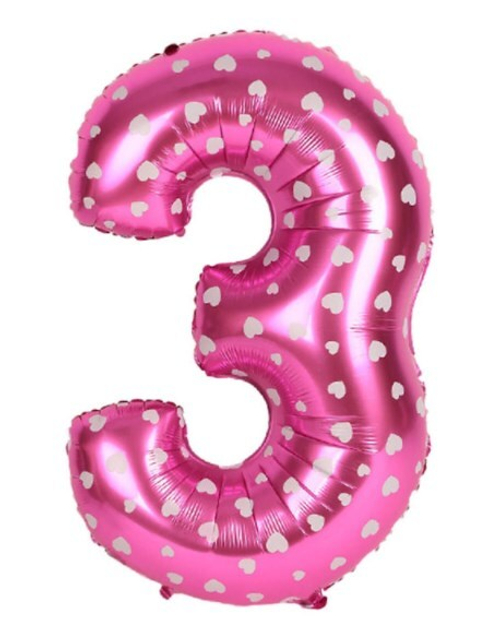 Шар цифра №3 Розовый с сердечками