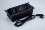 Встраиваемый горизонт.  удлинитель, 2 гнезда, 2*USB, с кабелем, черный (закругленные края)