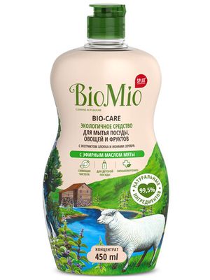 Экологичное средство для мытья посуды, овощей и фруктов без запаха с экстрактом хлопка и ионами серебра BioMio, 450 мл