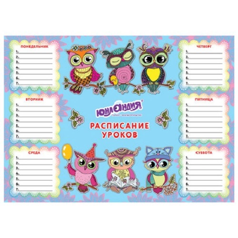 Расписание уроков А4, мелов.картон, девочки, ассорти, 4 вида, Юнландия