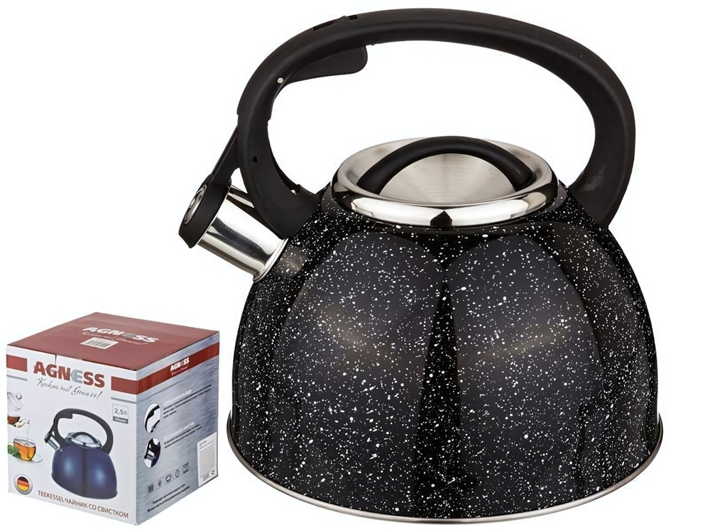 Чайник 2,5л нерж со свистком, индукция, черный мрамор