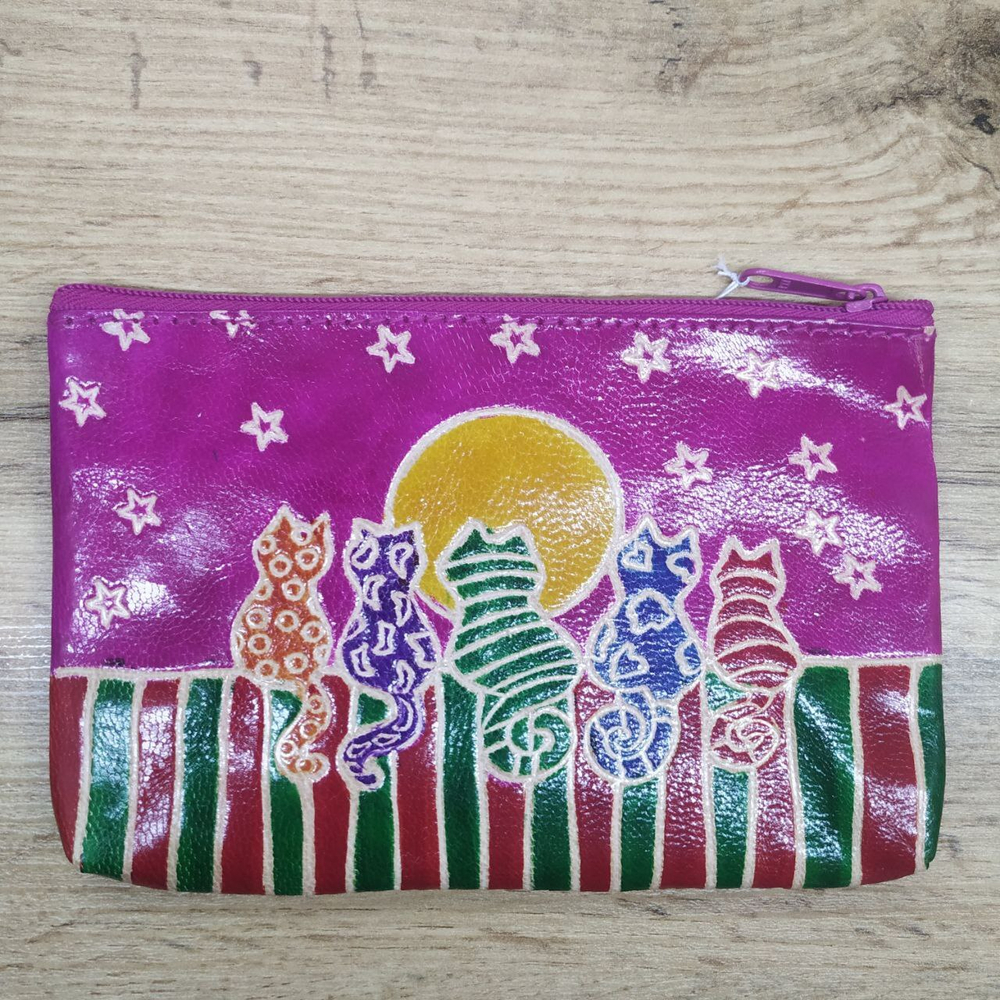 Косметичка Кошки на крыше цвет фуксия, кожа, ручной принт 17x1,5x11 см