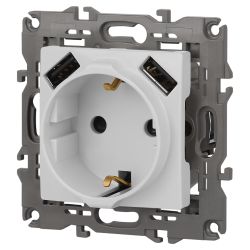 Розетка ЭРА Elegance 14-4109-01М 2P+E 16A-250В штор. с 2xUSB 5В-3А белый матовый