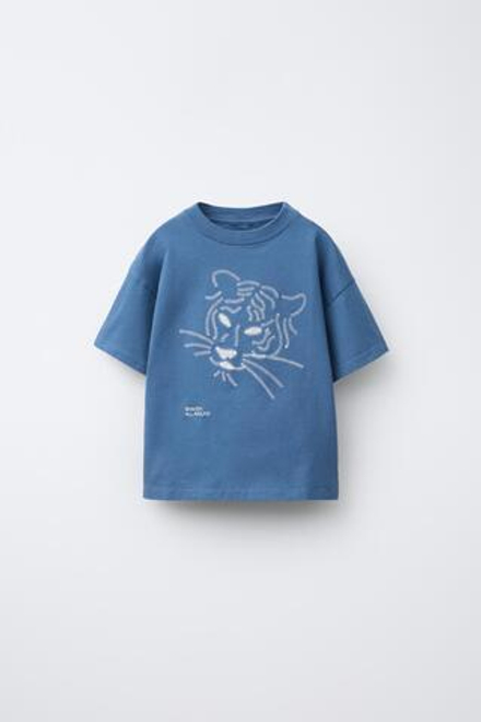 ZARA ФУТБОЛКА С ВЫШИВКОЙ, СИНИЙ