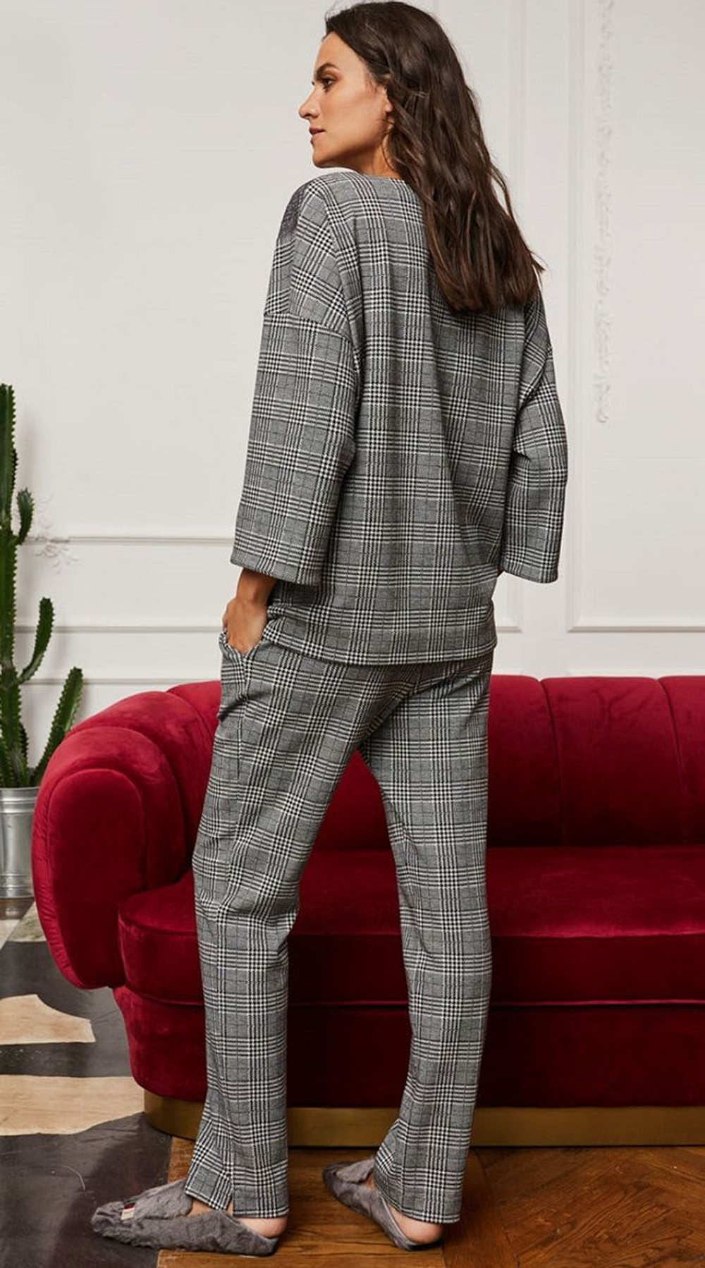 Удобные домашние клетчатые брючки (Размер: S) (Цвет: черный с белым)