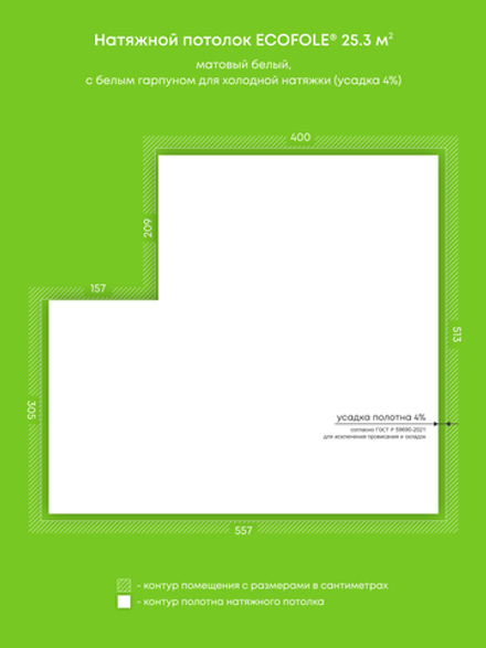 Матовый натяжной потолок 25.3 м2