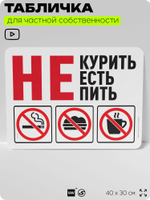 Табличка для частной территории "Не курить, не есть, не пить", на дом, для участка и организаций, предупреждающая, 40х30 см, Silver Plane x Айдентика Технолоджи
