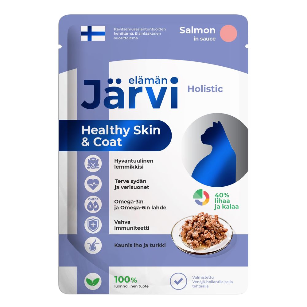 Пауч Jarvi для кошек для красивой шерсти и здоровой кожи, лосось, кусочки в желе