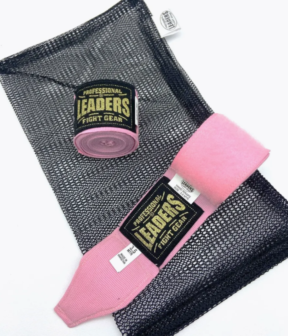 Бинты боксерские LEADERS Semi elastic  ( 50% хлопок/50% эластик, розовый)