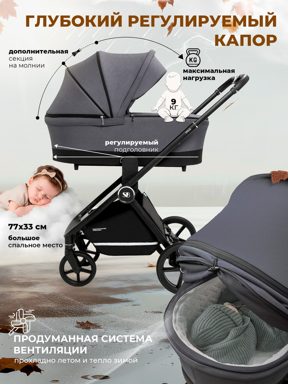 Коляска 3 в 1 Sweet Baby Stella + автокресло Premier Grey Dark Grey