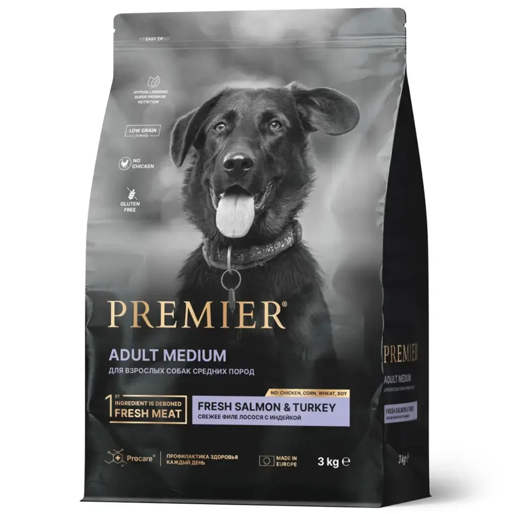 Premier dog salmon & turkey adult medium сухой корм для собак средних пород, свежее филе лосося с индейкой - 3 кг