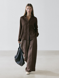 Massimo Dutti Свободная рубашка из 100% льна, коричневый