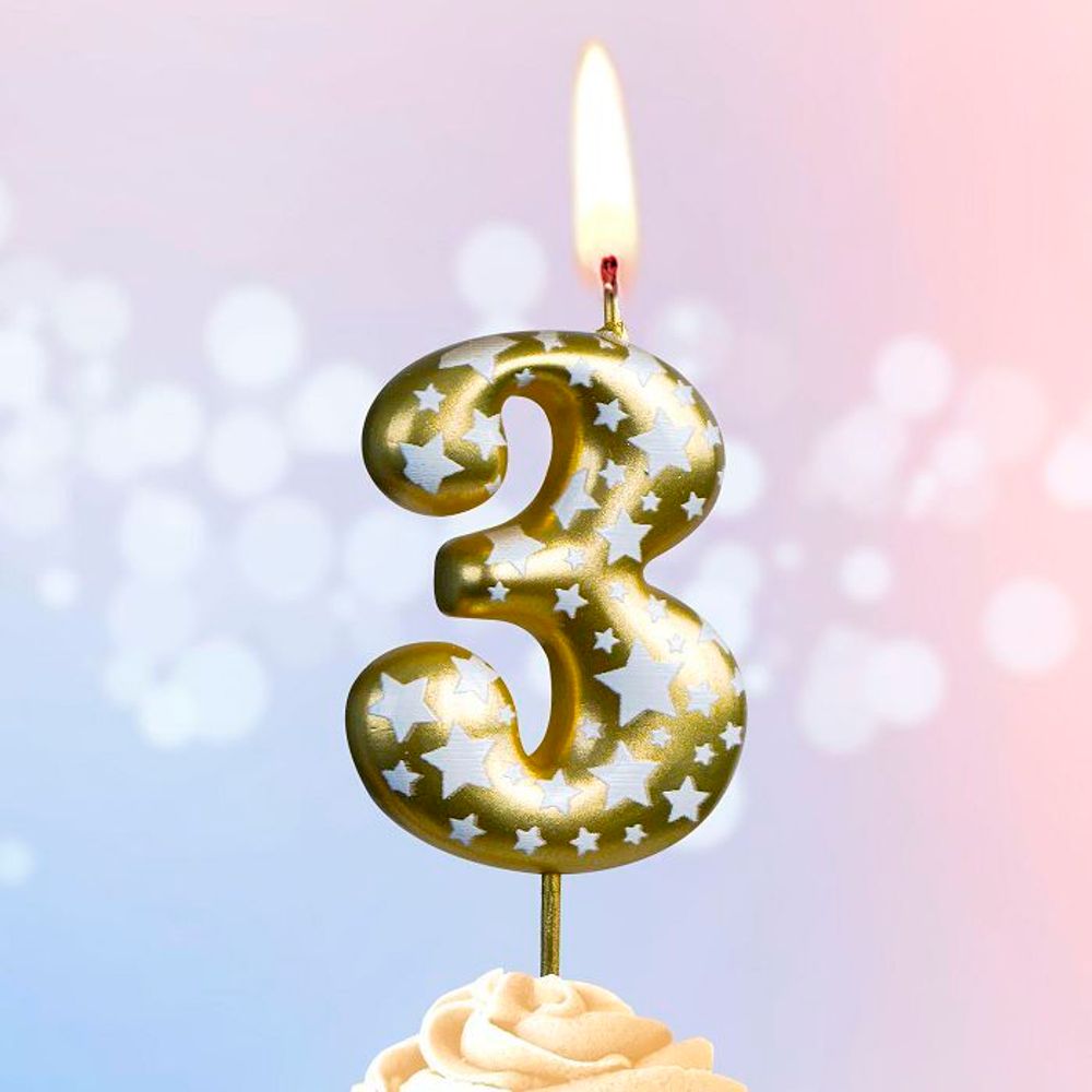 Свеча Цифра, 3 Звездочки, Золото, 4,3 см, 1 шт.