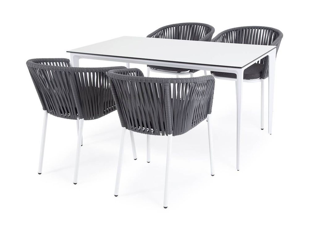 "Малага" обеденная группа на 4 персоны со стульями "Бордо", каркас белый, роуп серый