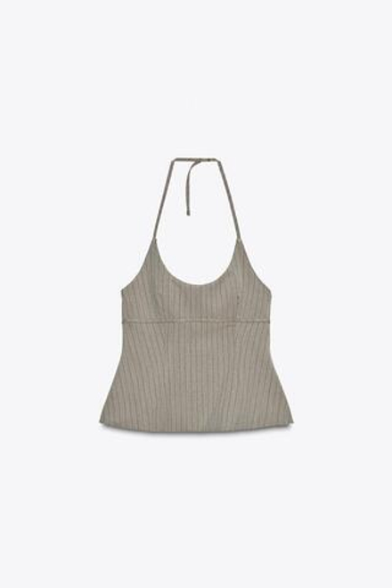 ZARA ТОП С ГОРЛОВИНОЙ ХАЛТЕР В ПОЛОСКУ, ТЕМНО-СЕРЫЙ