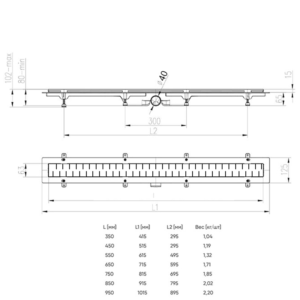 Душевой лоток AZARIO D40 Medium 650 мм, боковой слив, пластиковый, перфорированная решетка, черный (AZ-CH 650 MC)