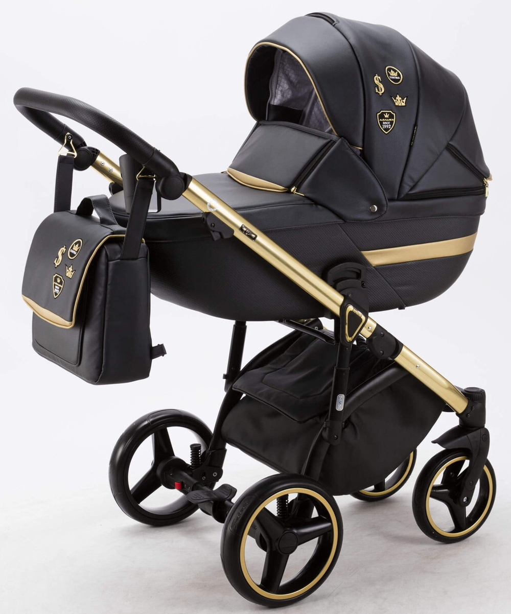 Детская коляска Adamex Cortina Deluxe 2 в 1 CT333 (ЧЕРН.КОЖА+ЗОЛОТ.ОТДЕЛКА+ЗОЛОТО РАМА)