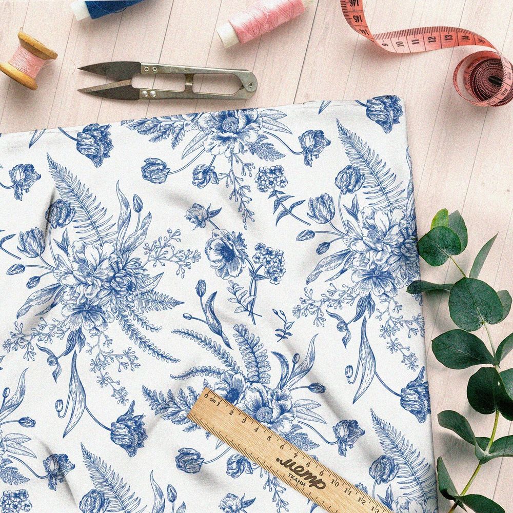 Ткань таффета синие листья и цветы