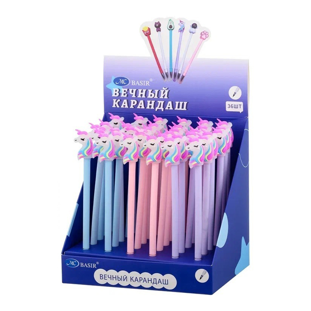 Карандаш вечный, чернографитный, Basir, серия "Единорог", с фигуркой на наконечнике, 3 цвета корпуса, 36 шт