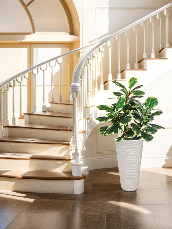 Искусственное растение Фикус Лирата 120 см пестрый в высоком круглом белом кашпо